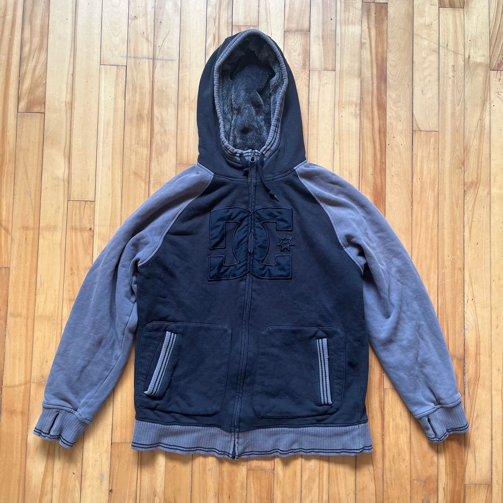 DC Shoes Full Zip Hoodie Fleece Lined Athletic Gray Black Logo Men L